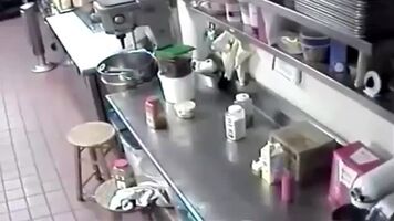 Waitress Puts A Sausage Into Her Pussy Before Serving It To A Guest