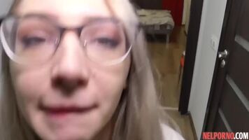 Girl with glasses substitutes tight ass for Russian home anal fucking