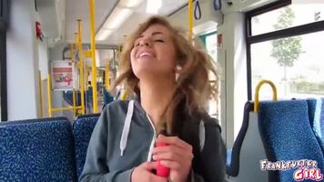 Sexy Shaved Girl Dildos Pussy in Public Train